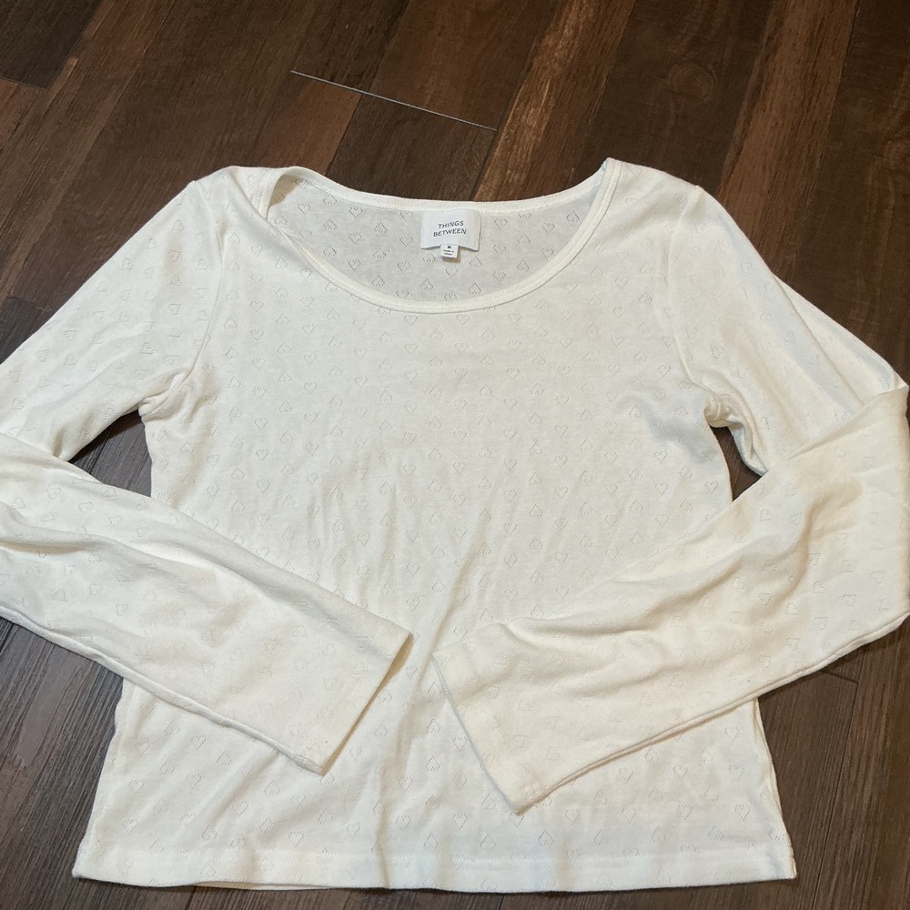 Things Between Heart Pointelle Long Sleeve Top White Scoop Neck Cotton Medium M